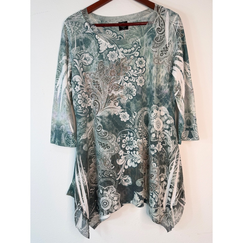 Y2K Cal Style Boho Forest Fairy Mixed Print Asymmetrical Tunic Top Rhinestones M